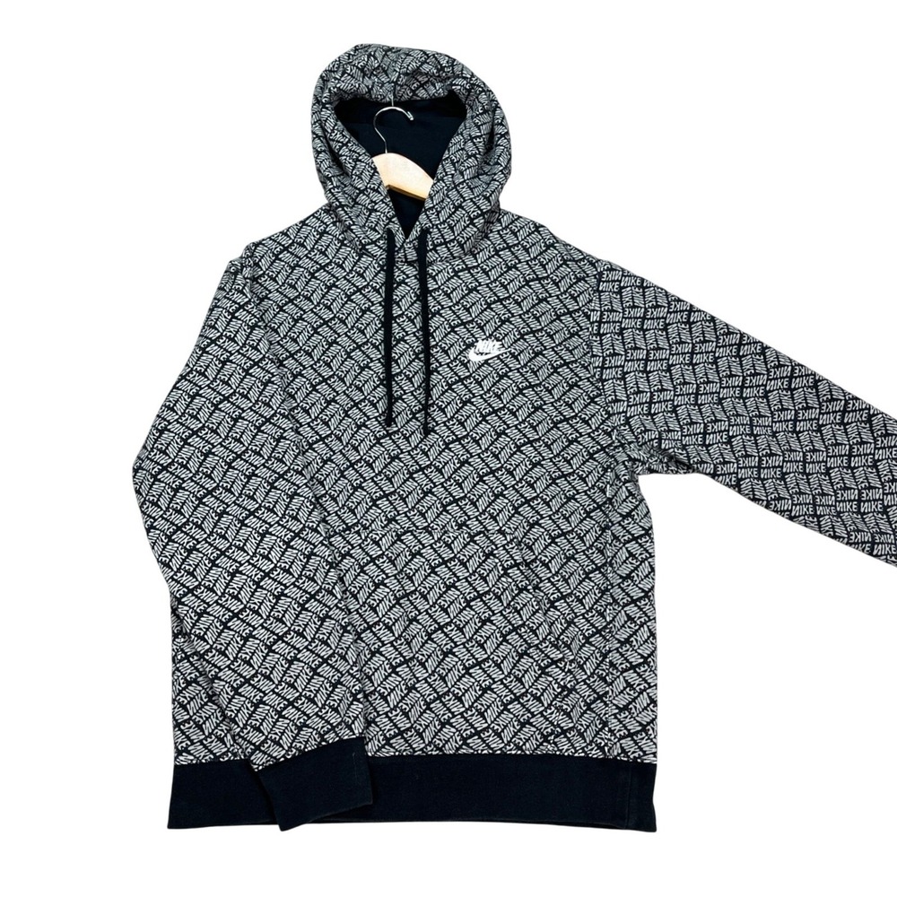 Nike Hoodie Mens Medium Black White Long Sleeve All Over Print Pullover Swoosh